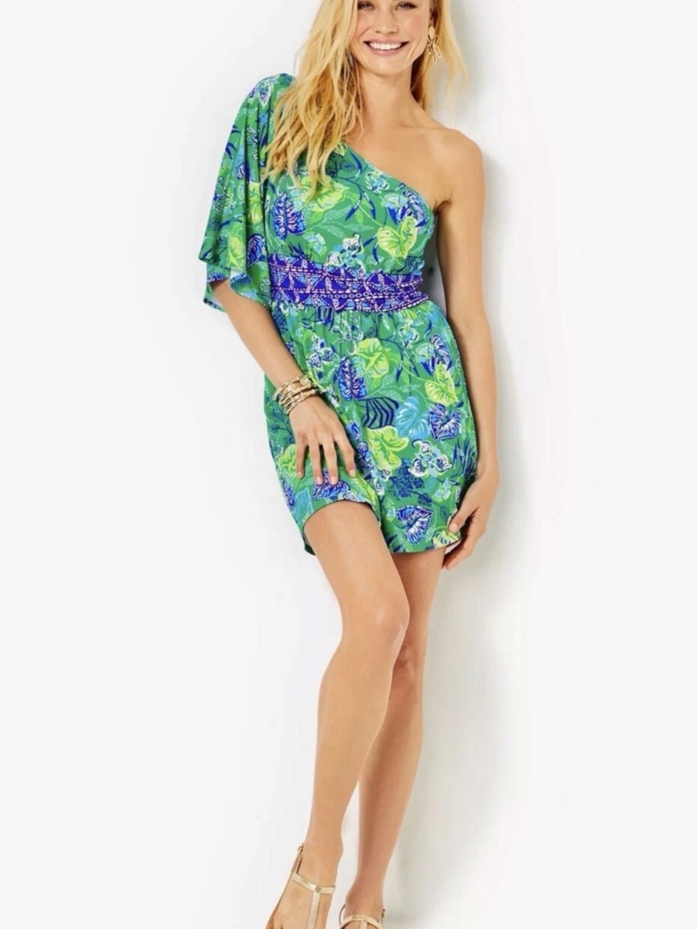 Lilly Pulitzer Green One-Shoulder Tropical Print Mini Dress - Picture 4 of 16